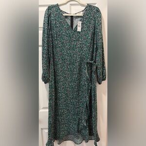 LOFT Green Floral Long-Sleeve Wrap Dress
